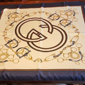 Gucci Cream and Navy Silk Scarf with Gold Details